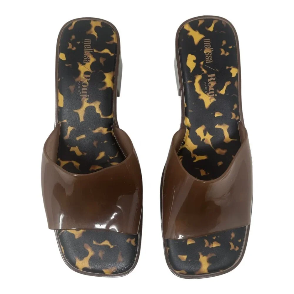 Rare Rouje x Melissa Jelly Glossy Brown Tortoise Mules Slides Sandals 9 Retro - Picture 6 of 9